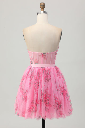 Pink Flower Corset Strapless A Line Homecoming Dress with Bow